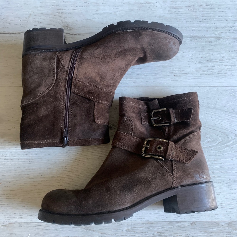 Sesto Meucci Brown Suede Moto Ankle Boots Made in Italy Lug Sole Buckle 8M